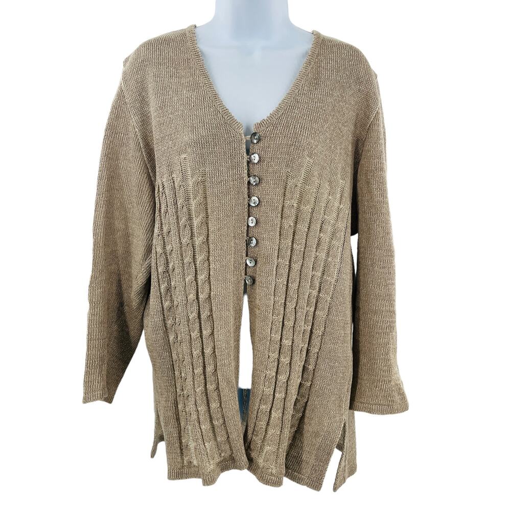 Horveit Natural Style Beige Cotton Linen Knit Long Sleeve Cardigan Sweater L